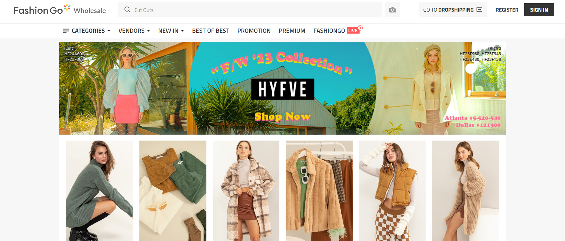 homepage of a wholesale clothing marketplace - Fashion Go